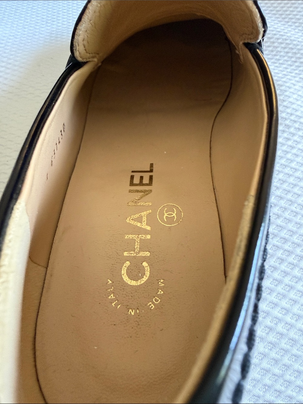 CHANEL Black Patent Leather Women’s Logo Chain Loafers - Picture 12 of 15